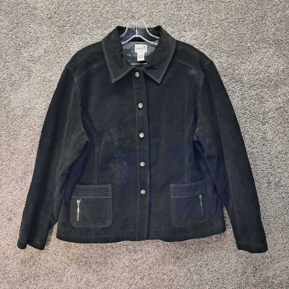 Chico's Women Black Genuine Suede Leather Button Front Jacket Size 3 RN 79984